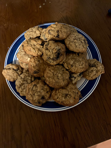 A picture showing two handed oatmeal raisin cookies